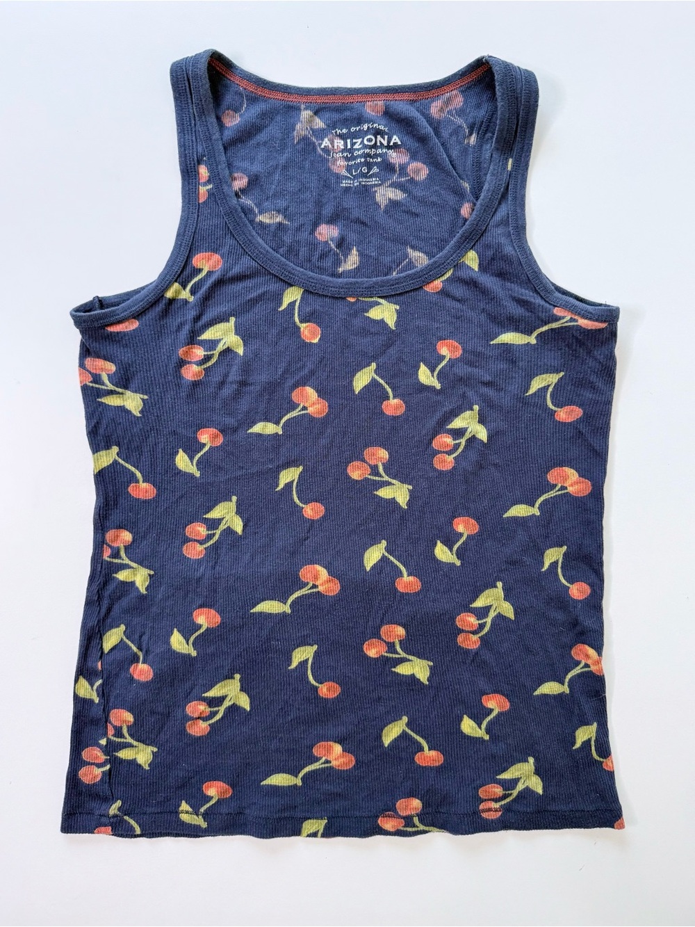 Arizona Jean Co. Cherry Print Ribbed Tank Top Navy Blue Size L Large Cotton